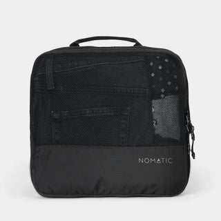 NOMATIC large Compression Packing Cube in black, mesh top showing packed clothing