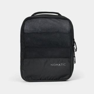NOMATIC medium Compression Packing Cube in black, mesh top showing packed clothing