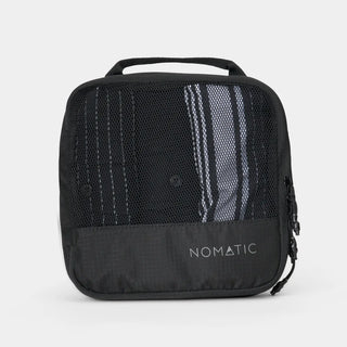 NOMATIC small Compression Packing Cube in black, mesh top showing packed clothing