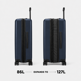 NOMATIC Method Check-In Large in navy, front and back view showing expansion from 86L to 127L