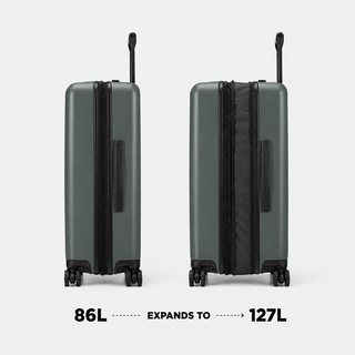 NOMATIC Method Check-In Large in moss, front and back view showing expansion from 86L to 127L