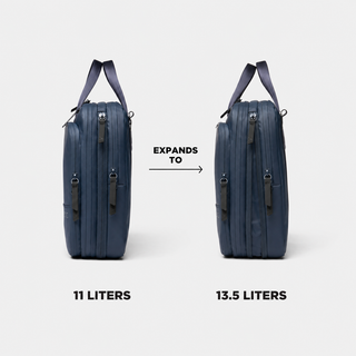 A navy blue backpack shown twice side by side on a light gray background, with text indicating capacity expansion from 11 liters to 13.5 liters.