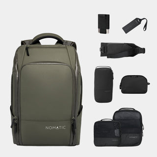 NOMATIC Travel Pack Bundle - Elite in olive, flat-lay of the backpack with wallet, luggage tag, access sling, toiletry bag, and packing cubes