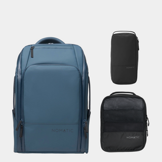 NOMATIC Travel Pack Bundle - Starter in Slate, flat-lay of the backpack with toiletry bag and packing cube