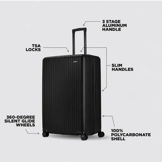 NOMATIC Method Check-In Large in black, angled view highlighting the handle, TSA locks, and spinner wheels