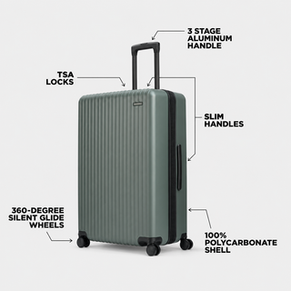 NOMATIC Method Check-In Large in moss, angled view highlighting the handle, TSA locks, and spinner wheels