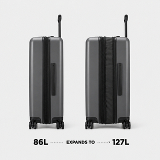 NOMATIC Method Check-In Large in gray, front and back view showing expansion from 86L to 127L