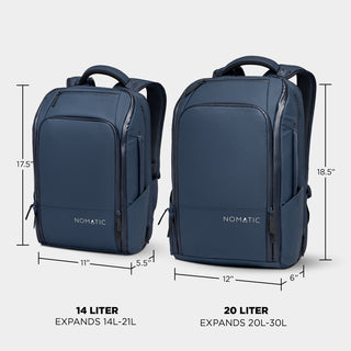 Nomatic Travel Pack 20L vs 14L size comparison chart - navy