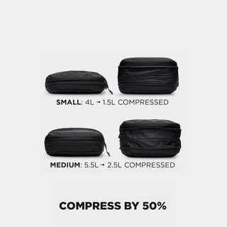 NOMATIC Packing Cubes compression diagram showing the small and medium cubes compressed by 50 percent