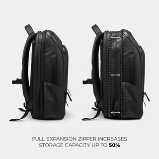 NOMATIC Travel Pack side view showing 50% expansion zipper capacity