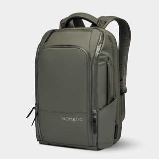NOMATIC Travel Pack in olive, angled front view