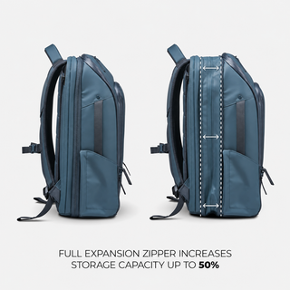 Two views of a blue-gray backpack on a light gray background, showing the front and side with a highlighted expansion zipper area and text reading 'FULL EXPANSION ZIPPER INCREASES STORAGE CAPACITY UP TO 50%'.